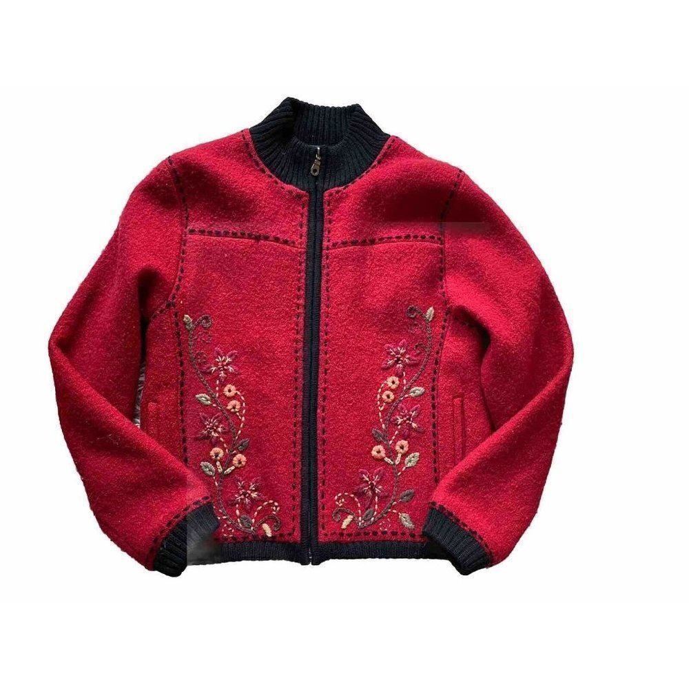 Planet Earth Designs Sweater Zip Up Red Floral Wool Small